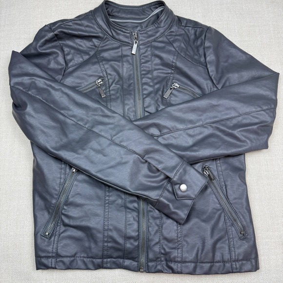 J2 Faux Leather Jacket Gray Moto Biker Style Fur Lined Winter Warm Womens Medium - Picture 1 of 10